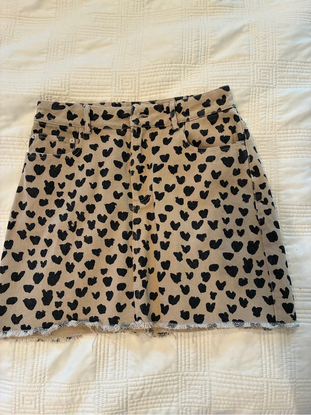 Entro Denim Skirt Beige and Black Heart Print